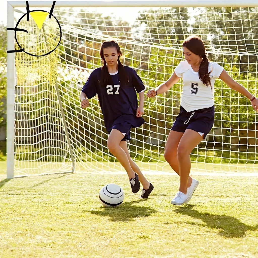 Portable black and yellow football training goal net with four target zones for shooting practice.