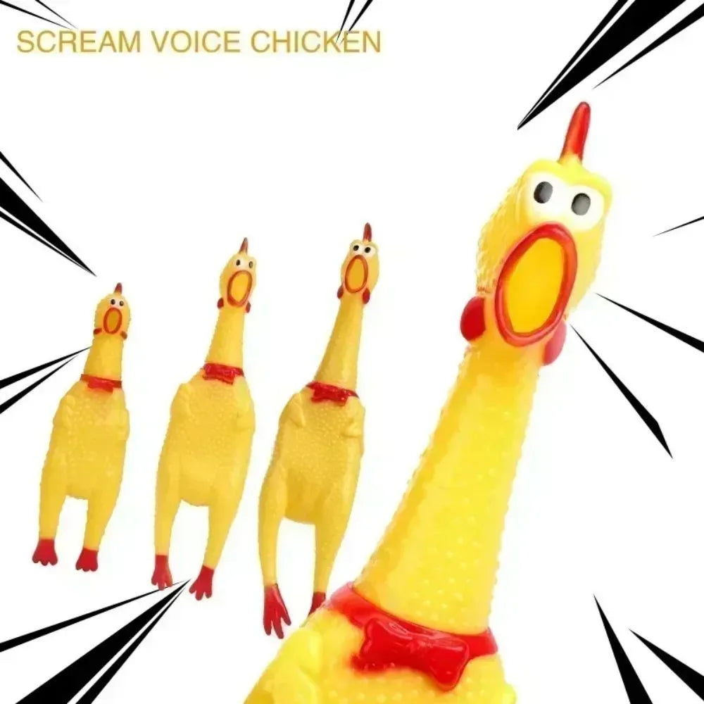 Yellow rubber screaming chicken dog squeak toy with three size options