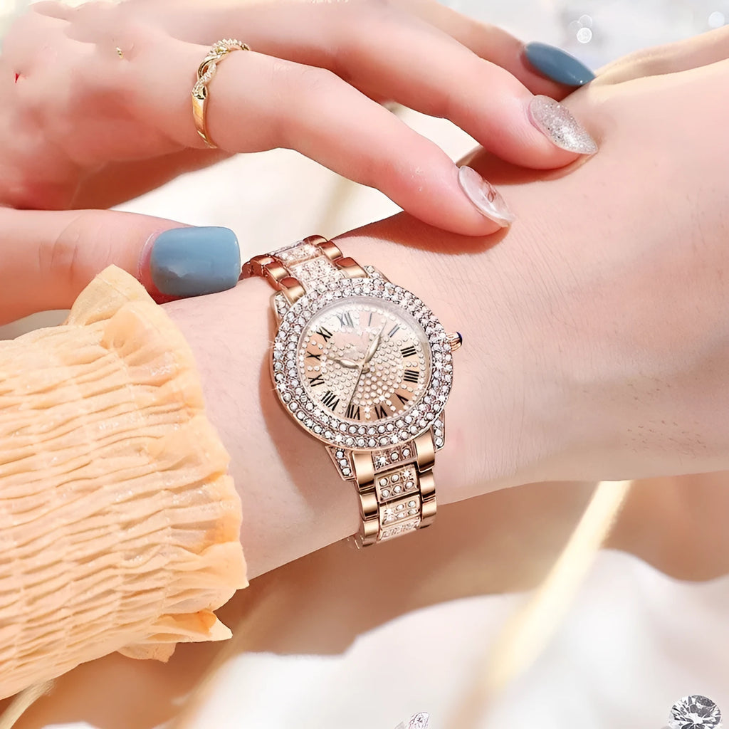 Women's quartz watch with 32mm dial, steel bracelet, Roman numeral face, and butterfly clasp