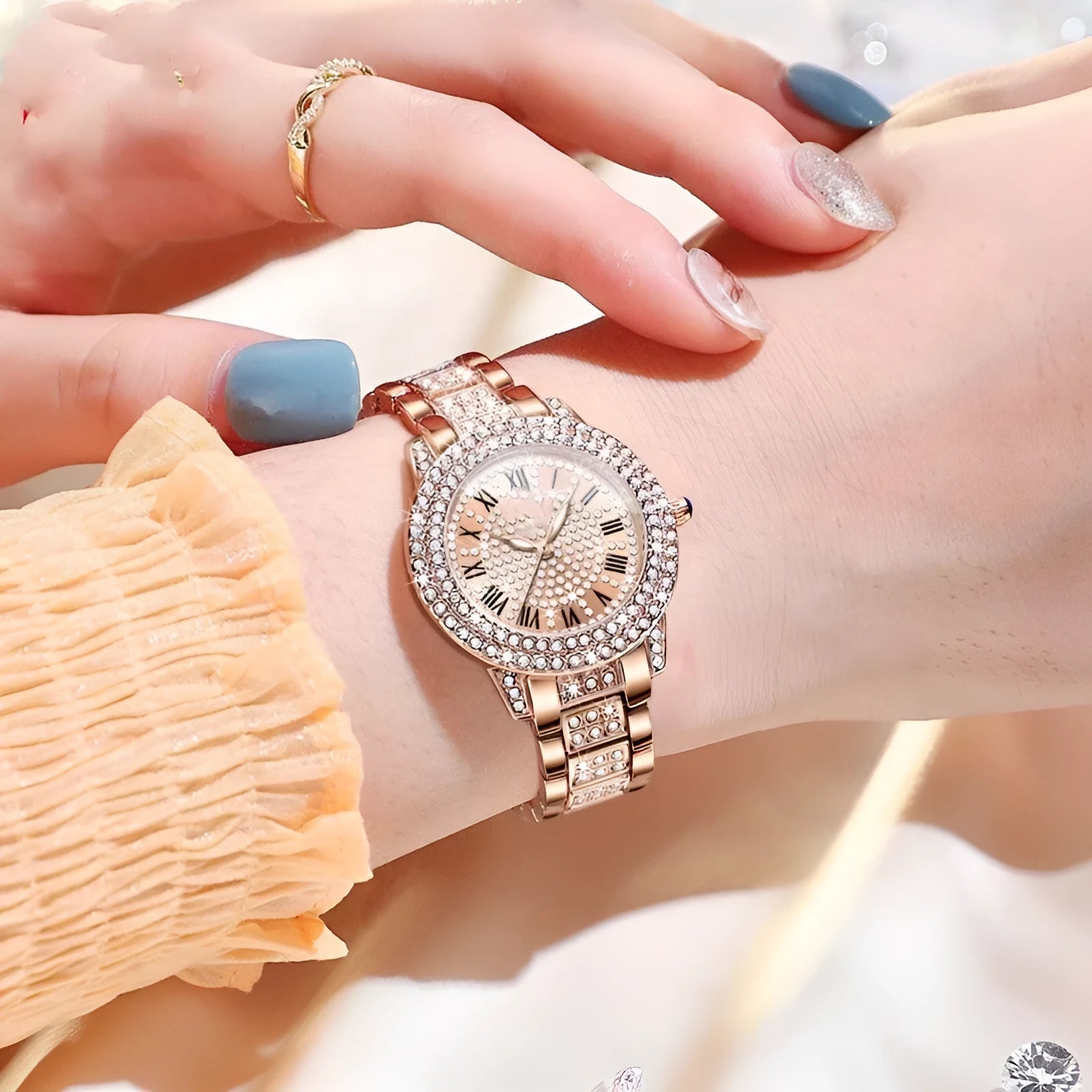 Women's quartz watch with 32mm dial, steel bracelet, Roman numeral face, and butterfly clasp