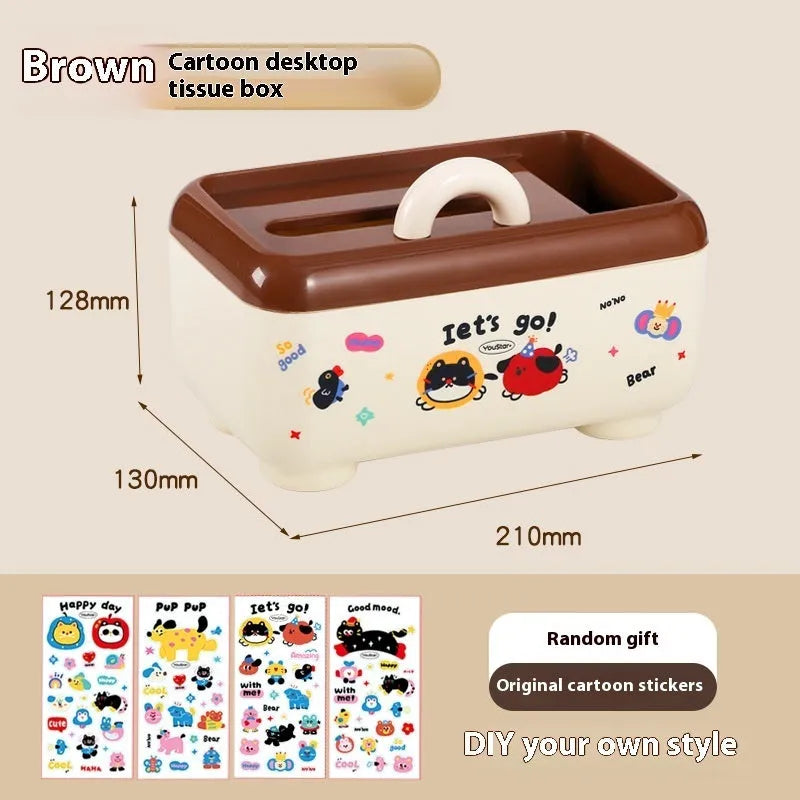 Cartoon-style plastic desktop organiser with grid compartments and red or brown stickers.