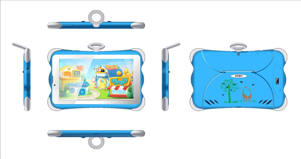 A 7-inch cartoon-coloured children's learning tablet positioned on its included stand, showing the IPS screen.