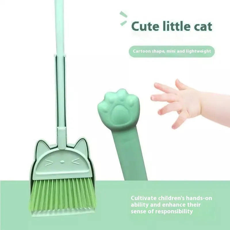 Purple, green, and beige plastic broom and dustpan set with a rotating brush holder.