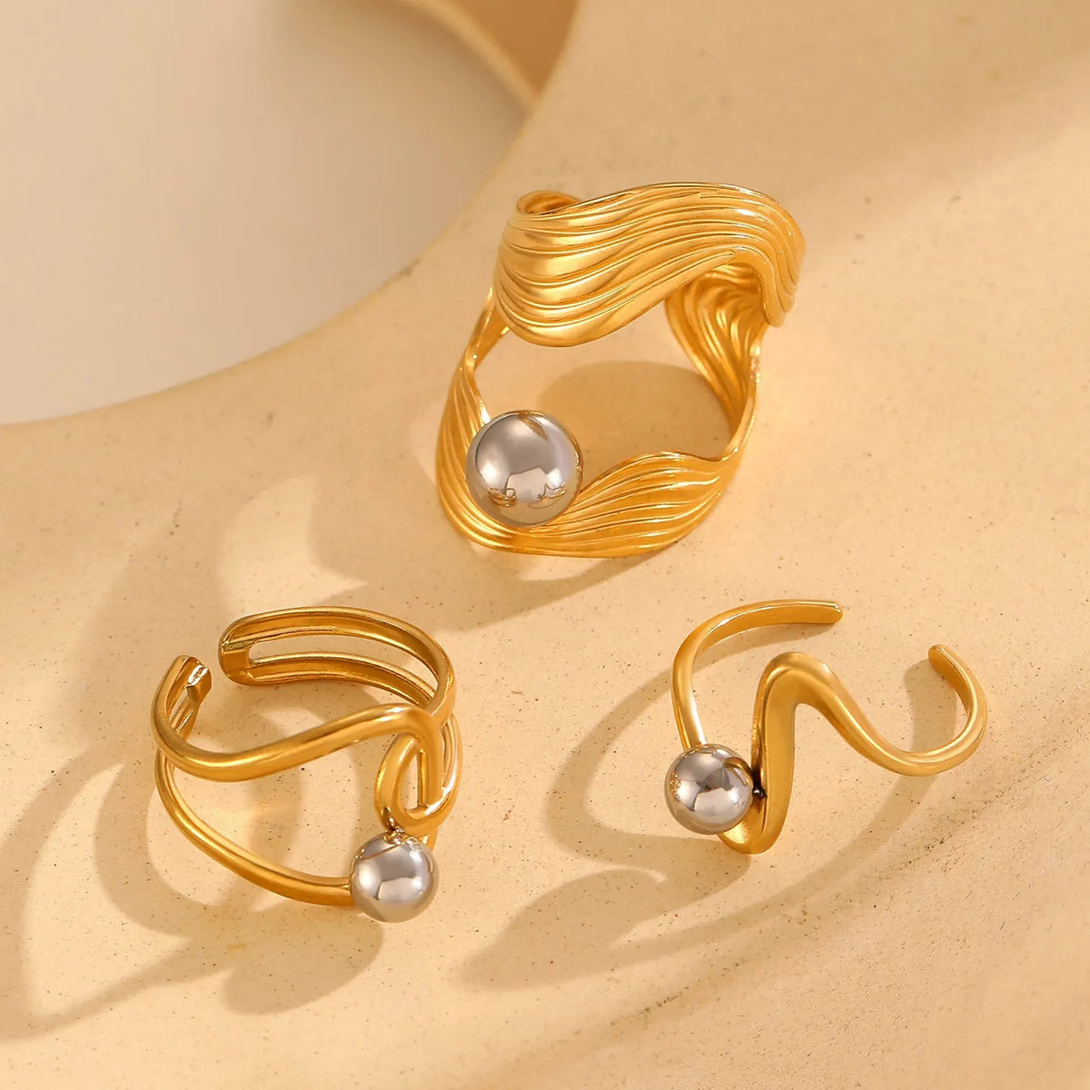 Stainless steel open ring with 18K real gold finish, geometric hollow line and ellipse shape for women
