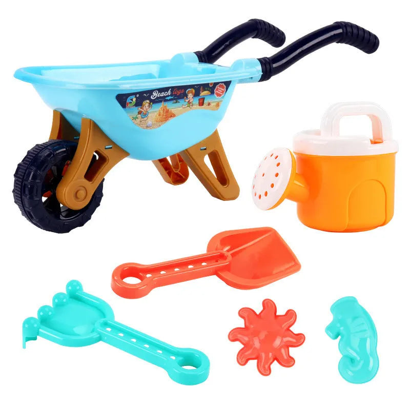 Large plastic beach toy stroller set with 6 pieces including a trolley, available in blue or red