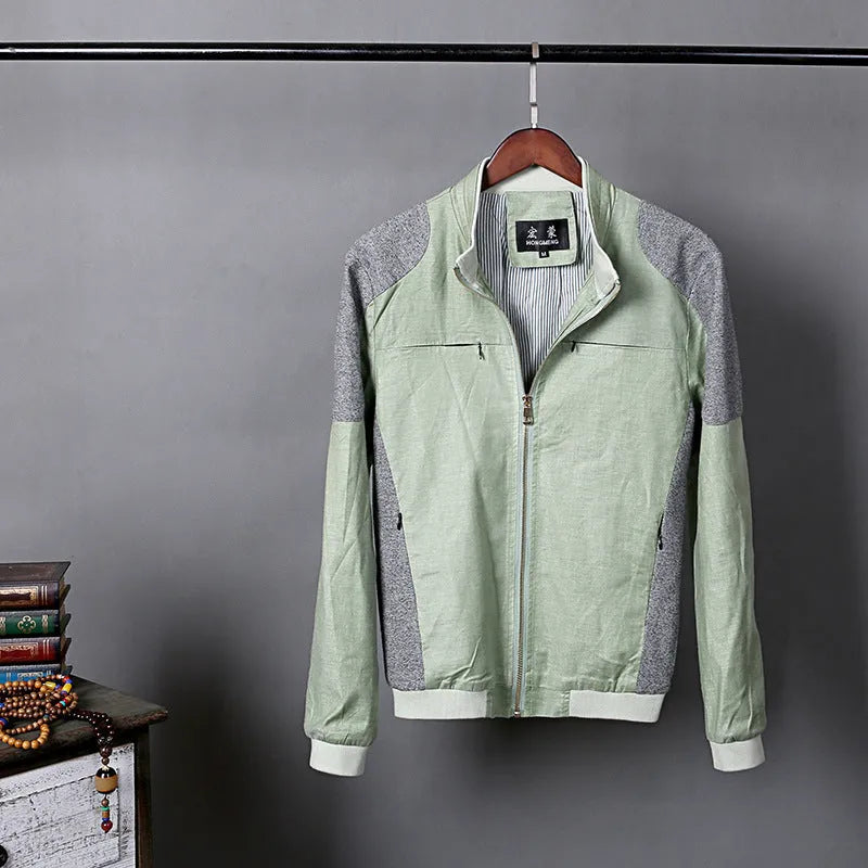 Men's heather gray cotton linen jacket in a regular fit on a hanger.