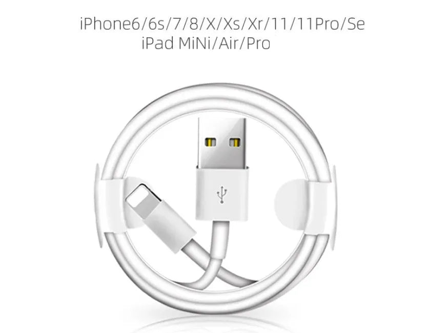 White Apple Lightning charger cable head compatible with iPhone, shown in 1m and 2m length options