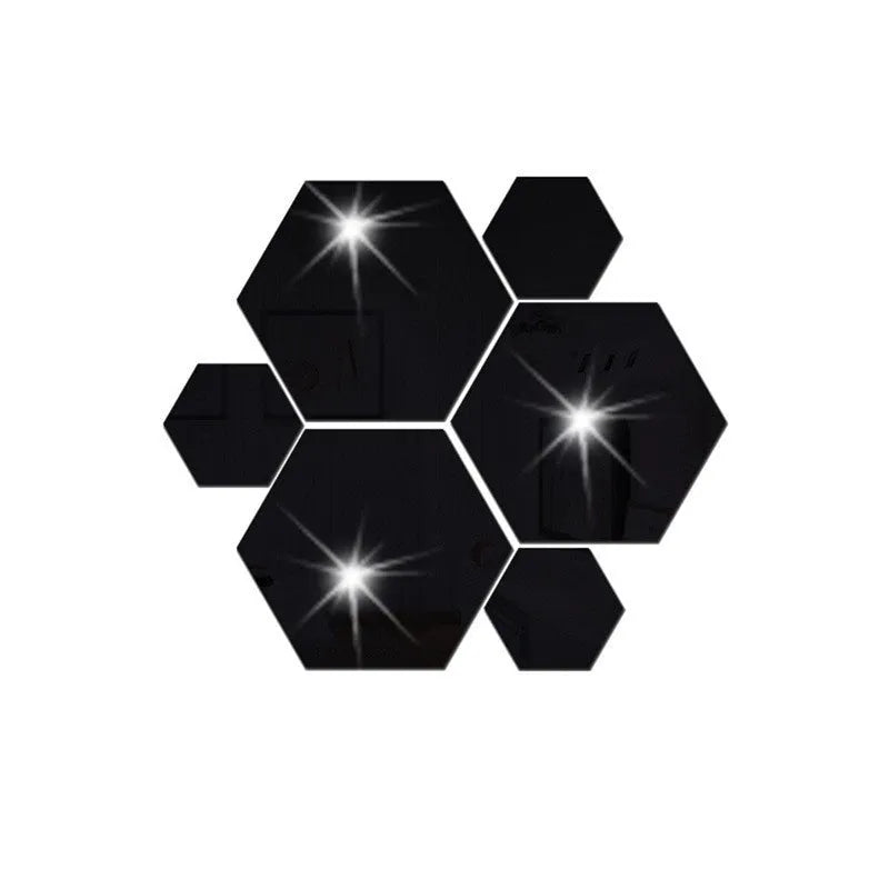 Hexagonal silver PS mirror wall sticker on a wall surface close up
