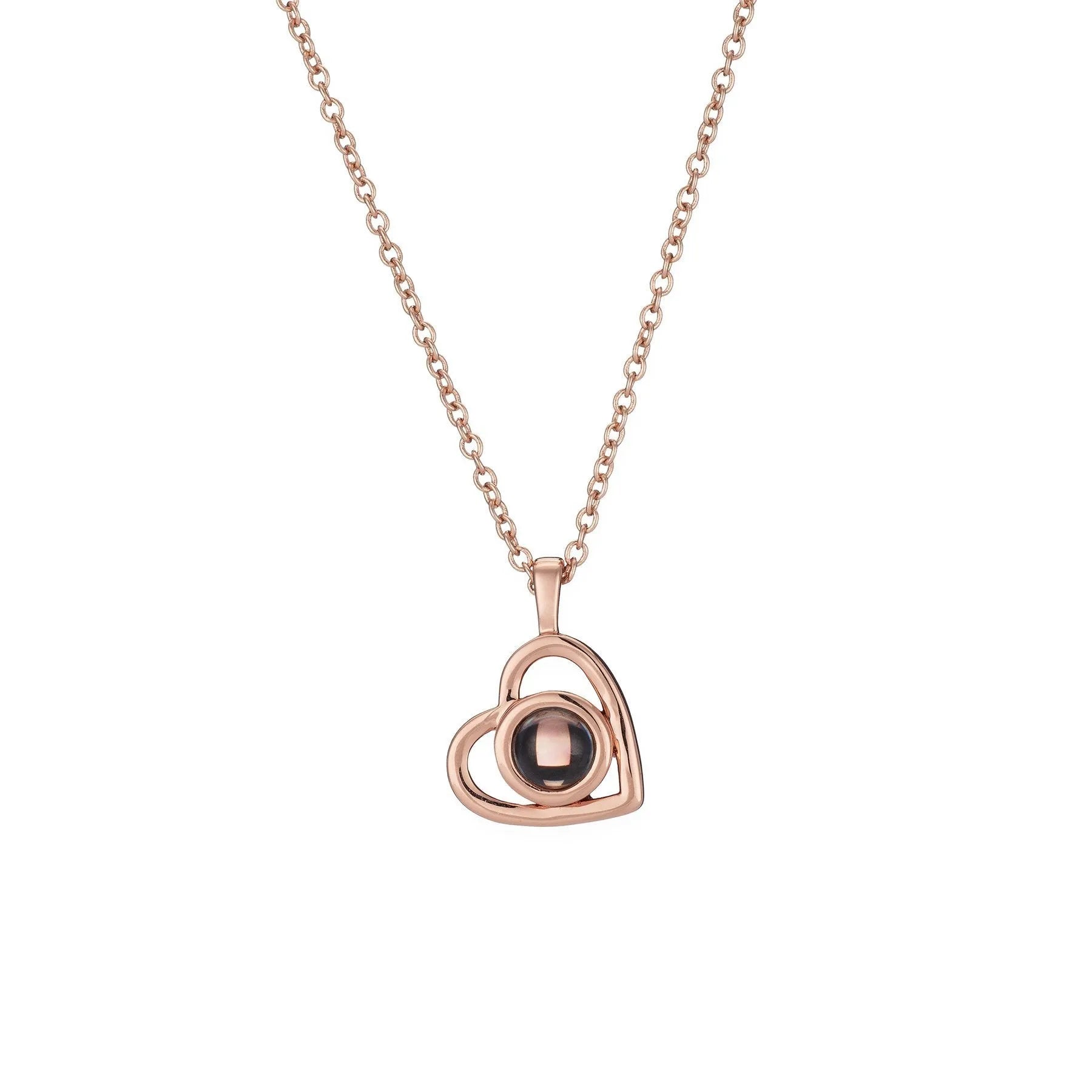 925 silver heart shaped pendant with custom photo projection feature on white background