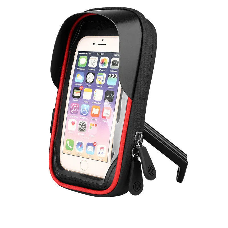 Black mobile phone stand mounted on a bicycle handlebar, showing the clear TPU touch screen.