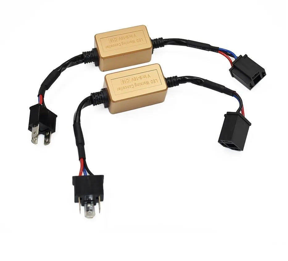 Black alloy H4 H7 H11 LED car headlight Canbus decoder with plug connectors.