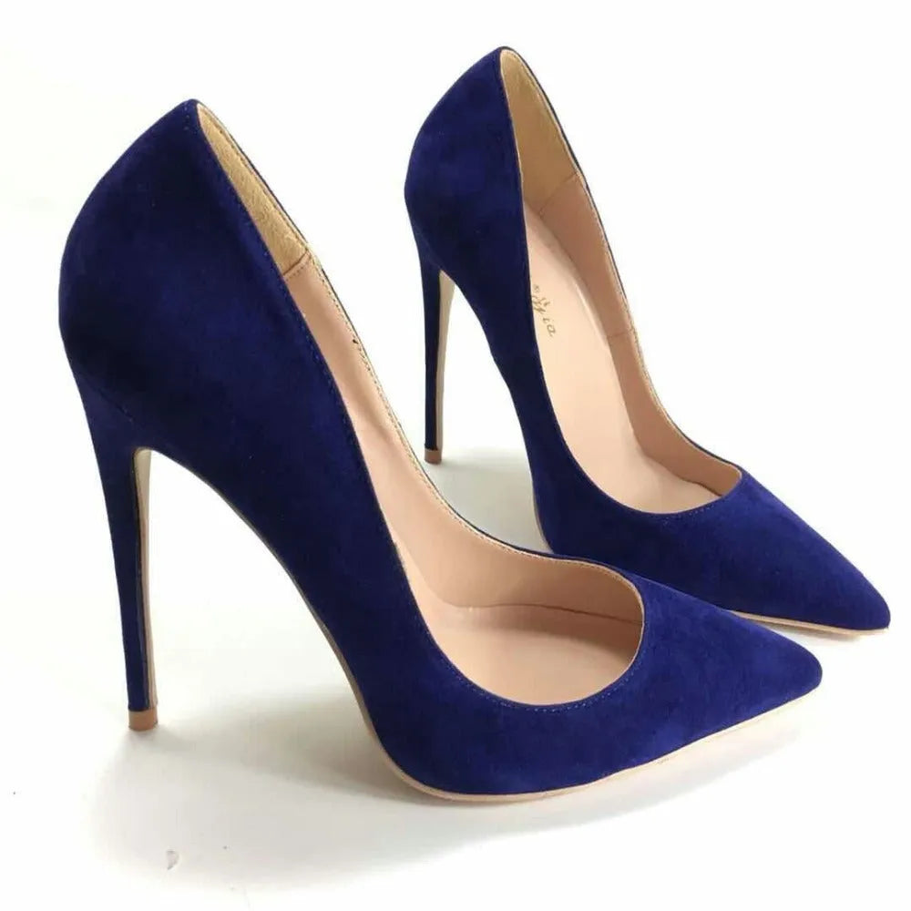 Blue suede stiletto heels with pointed toe, sheepskin insole and rubber sole, super high heel over 8cm