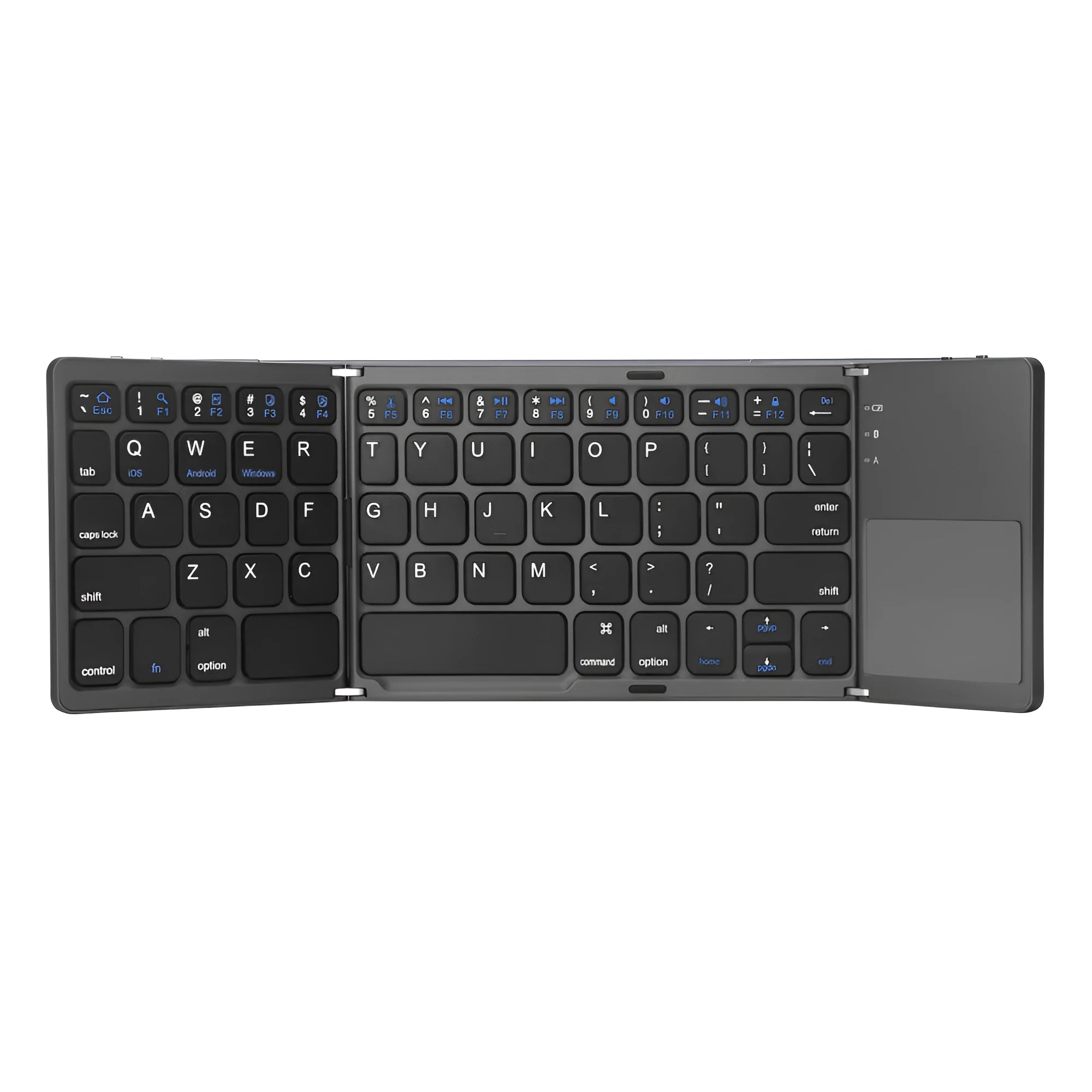 Black tri-fold folding Bluetooth keyboard with touchpad shown open and closed, next to a mobile phone.