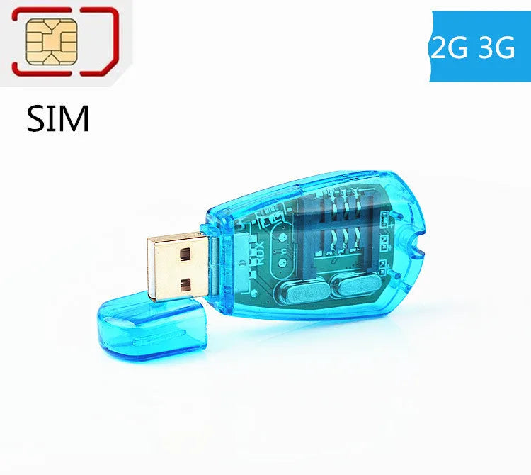 Blue plastic external USB SIM card reader for mobile phone data transfer and computer backup