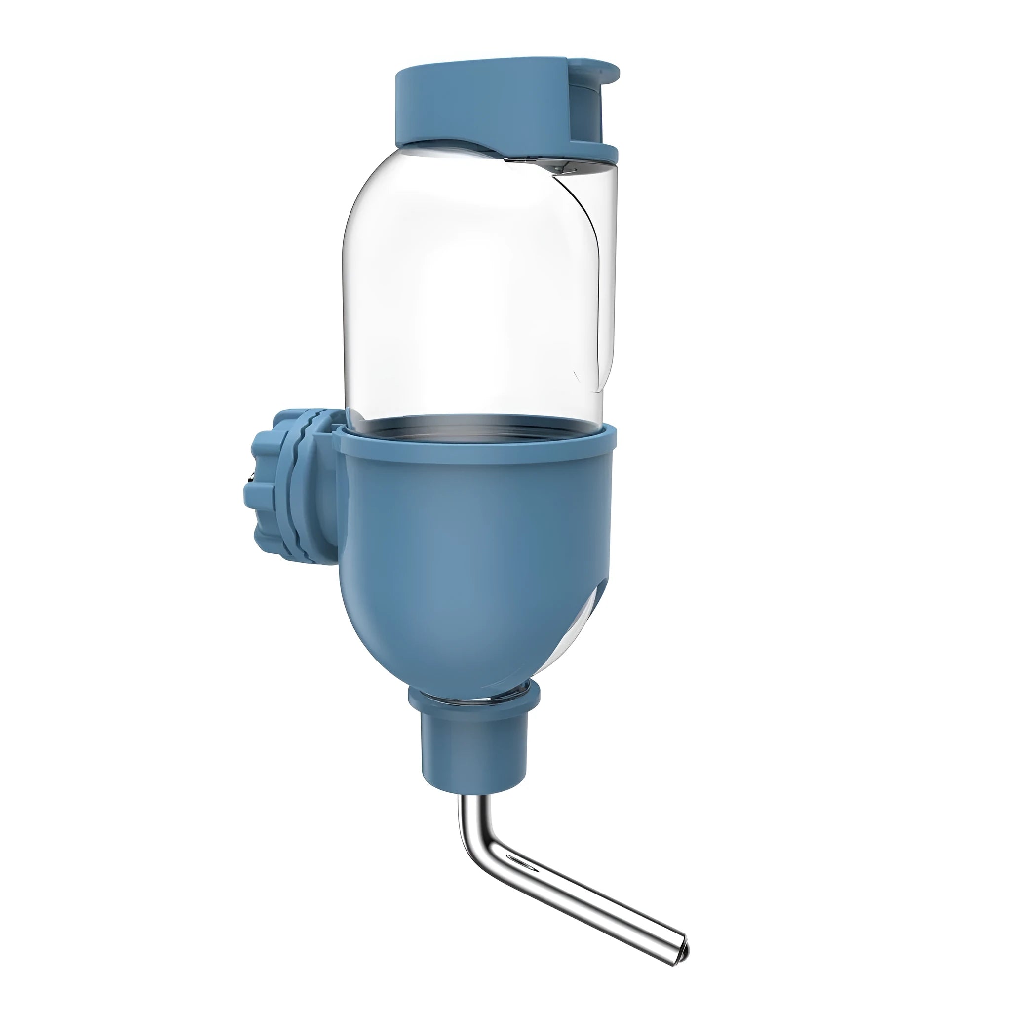 Blue small animal water bottle with rotatable nozzle mounted on cage bars