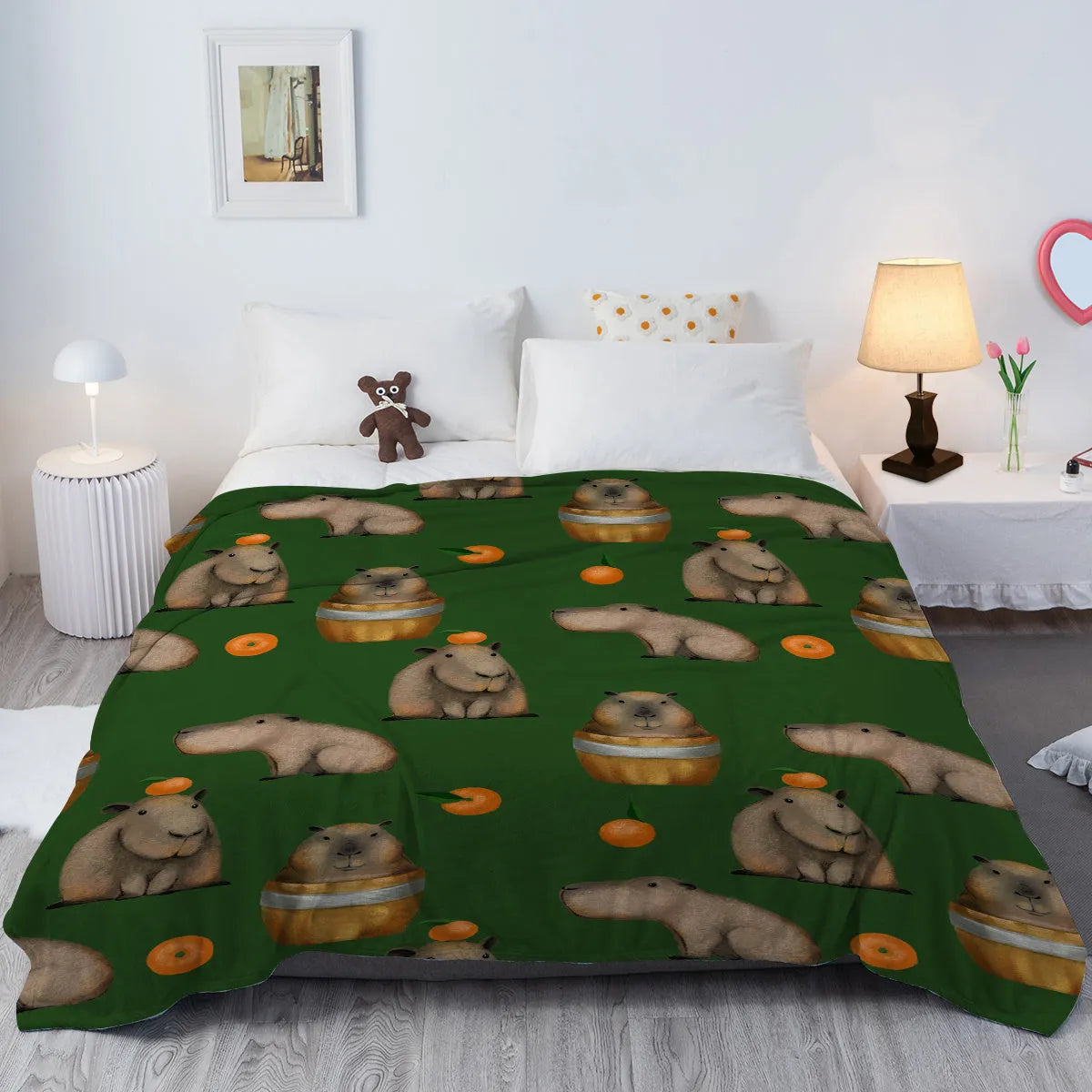 Orange and capybara pattern flannel fleece blanket in multicolour, soft fluffy throw for sofa, bed, camping and office naps