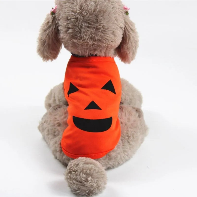 Orange Halloween pet pumpkin clothes costume shirt for cats and small to medium dogs, Grimace or Smiley style