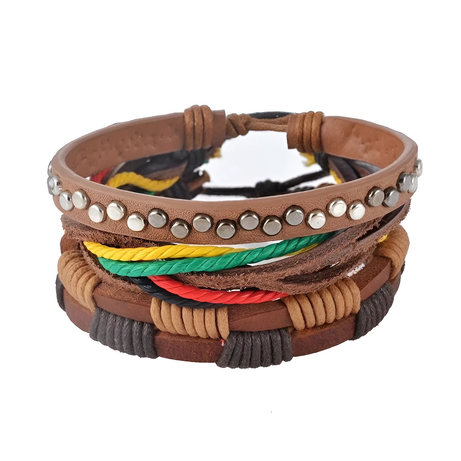 Handwoven leather bracelet with wooden beads on adjustable multi-strand design