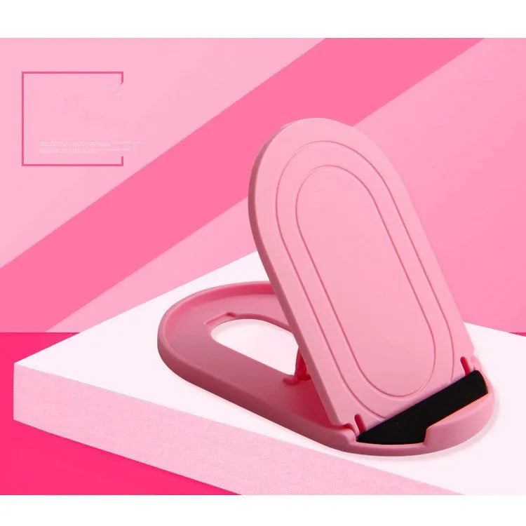 Plastic adjustable bracket mobile phone stand in six colour choices on a desk.