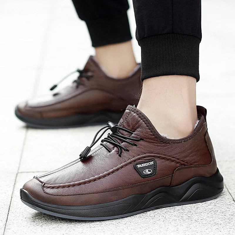 Men's leather shoe covers with two-layer cowhide upper, rubber sole, elastic band, black or brown, sizes 39-46