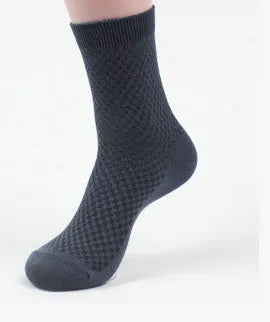 Men's bamboo fibre business socks in a small square pattern, shown in silver grey colour.