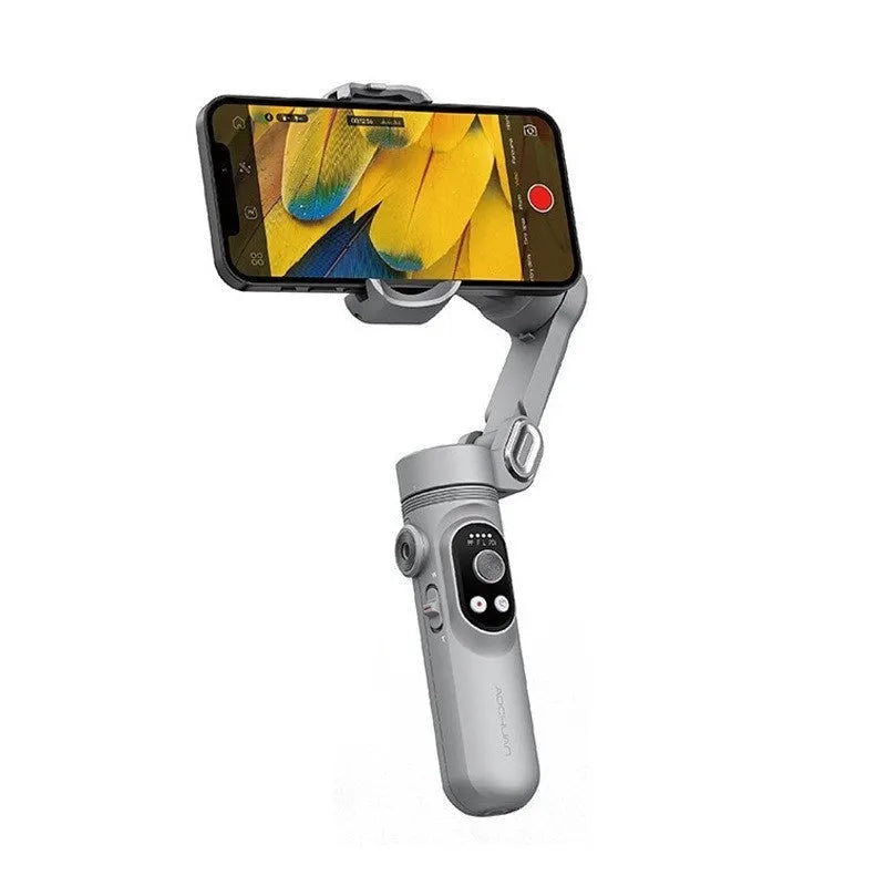 Silver grey Ochan SMART X PRO three-axis smartphone gimbal stabiliser with extended limbs and Bluetooth remote.