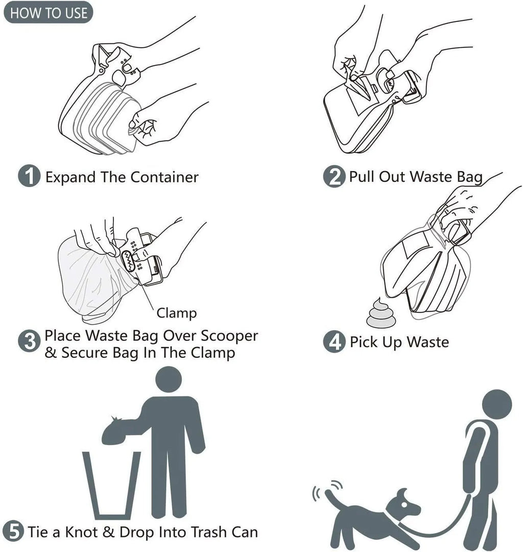 Blue handheld pooper scooper with clip and expandable waste container for dog cleanup.