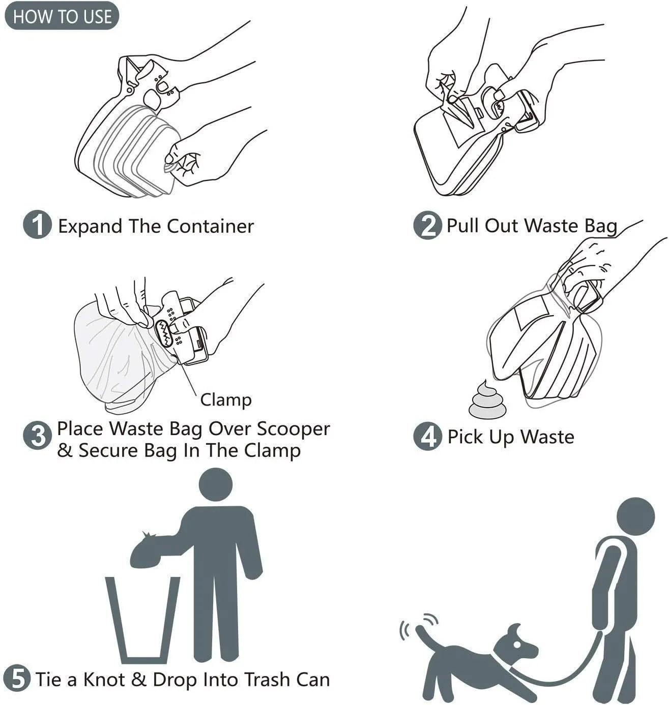 Blue handheld pooper scooper with clip and expandable waste container for dog cleanup.