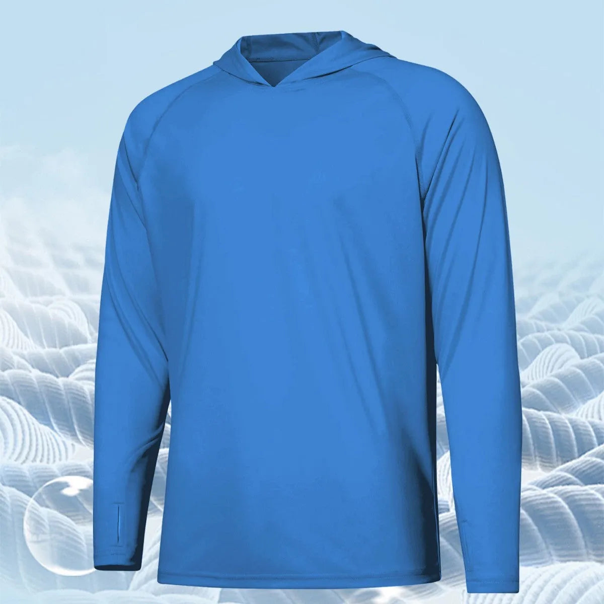 Long sleeve hooded fishing top in solid colour for outdoor UV protection.