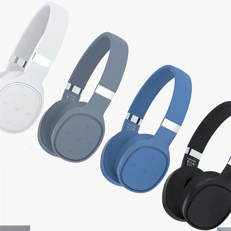 Wireless Bluetooth headset in black, blue, grey, or white with 40mm speakers and rechargeable battery