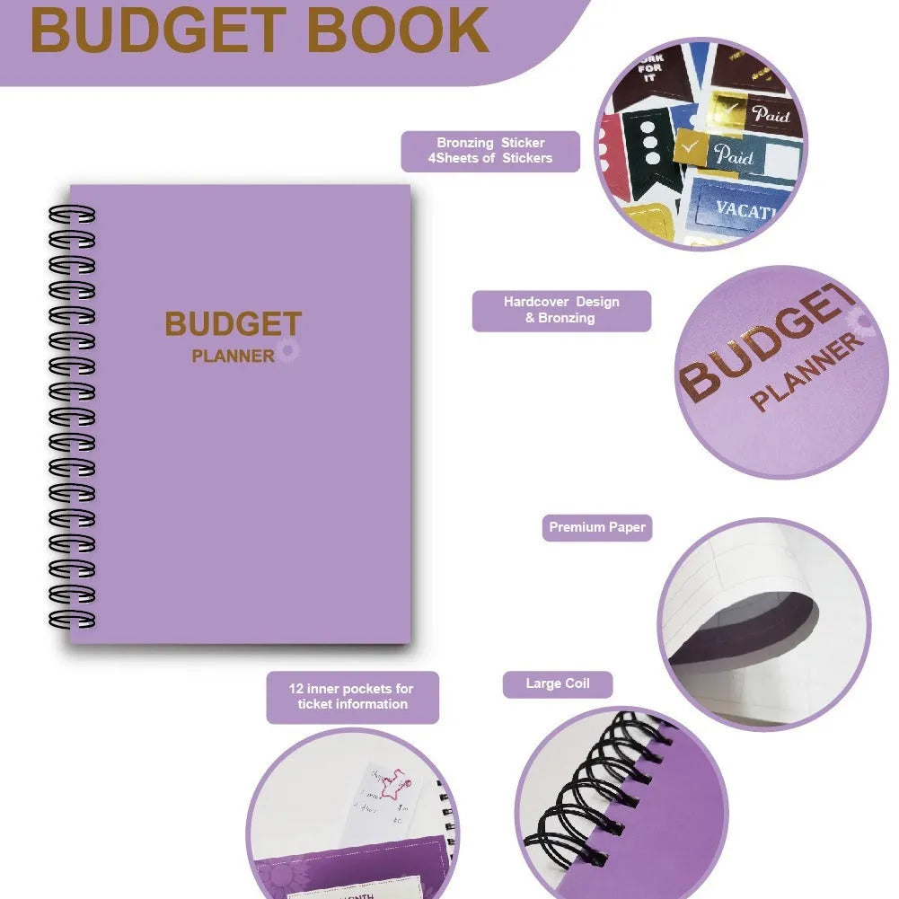 Purple A4 coil notebook for financial planning with stickers, pen, and paper clips