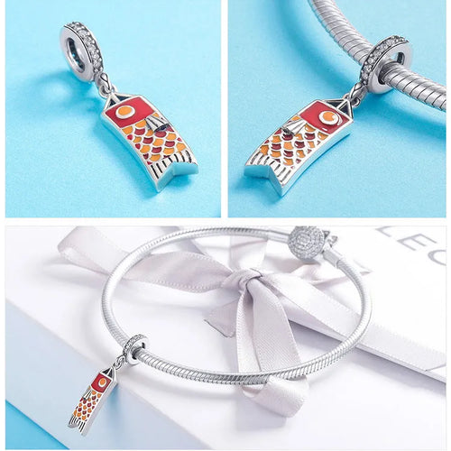 S925 sterling silver carp fish pendant with zircon stones, measuring 2.8cm tall.