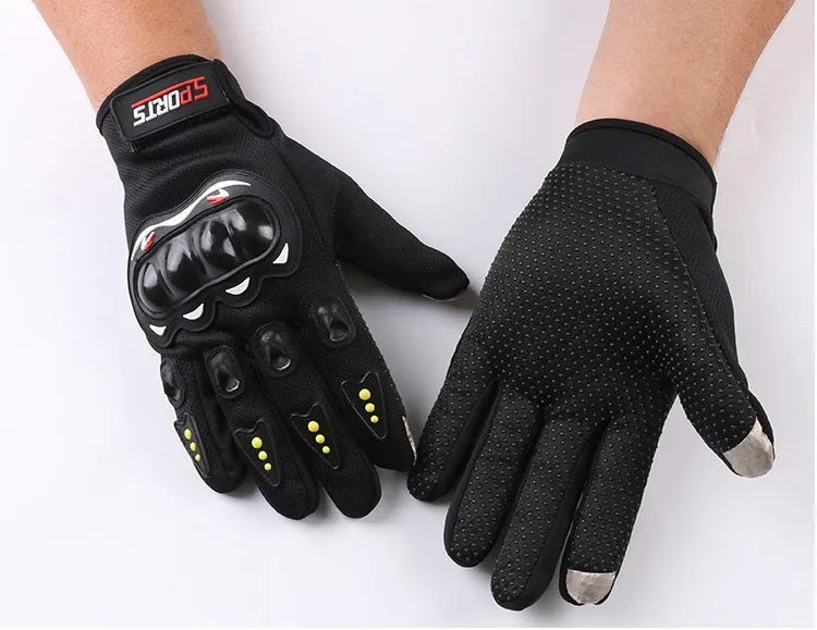 Full finger riding gloves in black, blue, or red with touch screen fingertip, hard shell, anti-slip palm, and Velcro closure