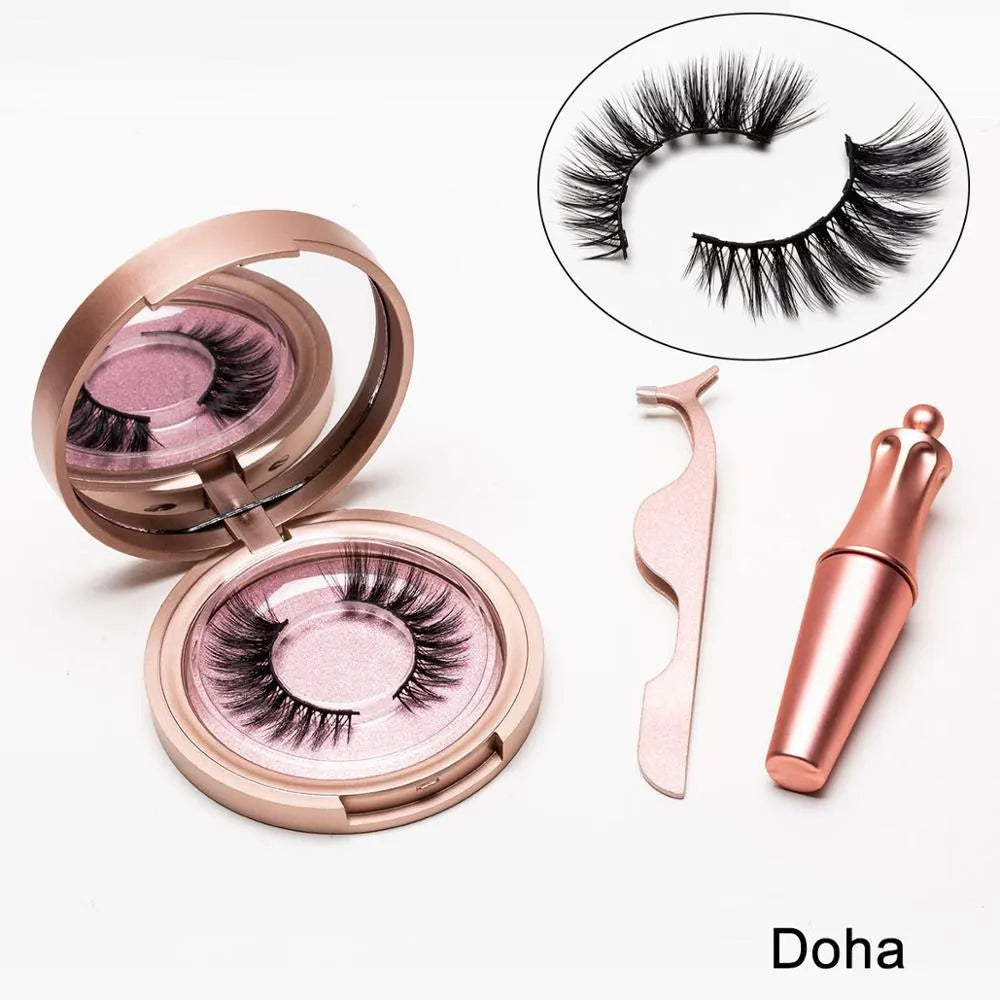 Magnetic eyeliner and false eyelashes set with five pairs of faux mink hair lashes, tweezers, and mirror case