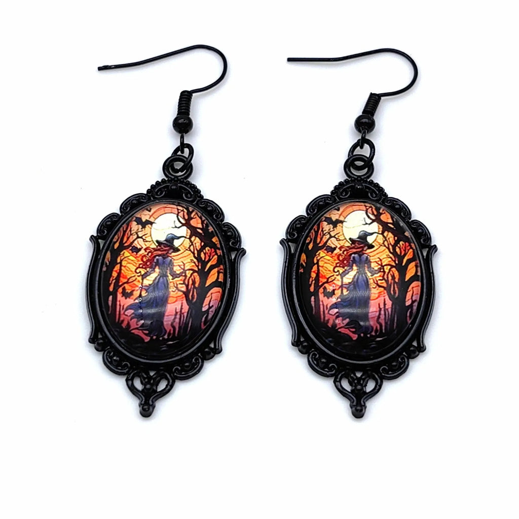 3pcs vintage Halloween tree of life and witch necklace set with earrings, alloy pendant jewellery, two colour styles