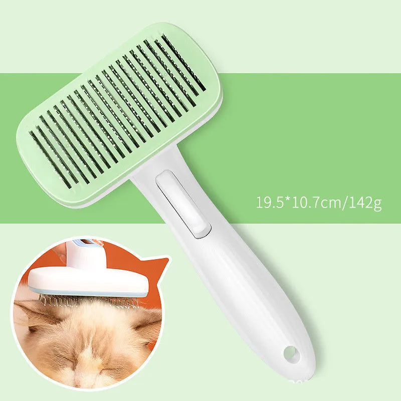 Blue automatic hair removal comb for pets on a white background, showing its 10.7cm by 19.5cm size.