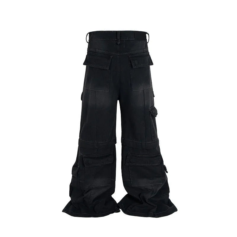 Detachable washed-out cotton overalls with multi-pockets and micro-pull fastening in black or blue