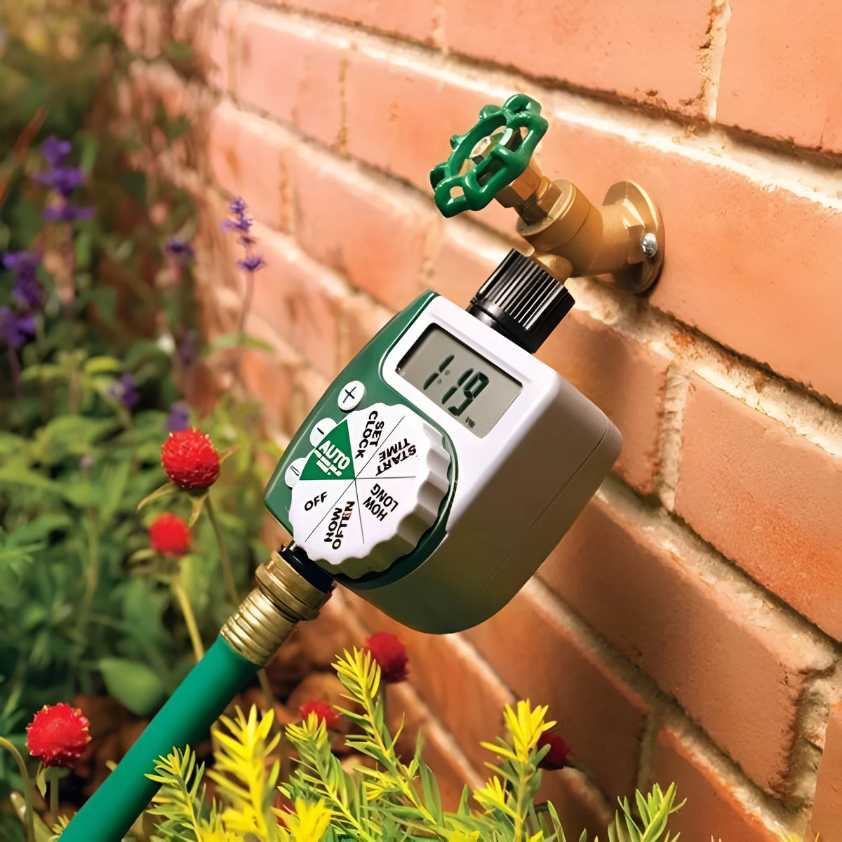 Green automatic LCD garden irrigation controller with dial, hose sprinkler water timer, 1 to 300 minute setting