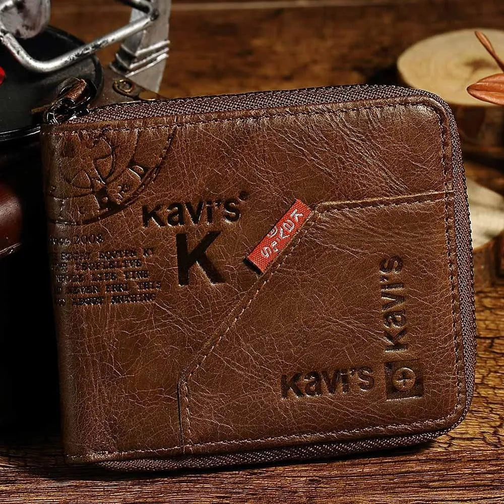 Coffee colour vintage leather wallet with locomotive design showing zipper opening and multiple internal compartments