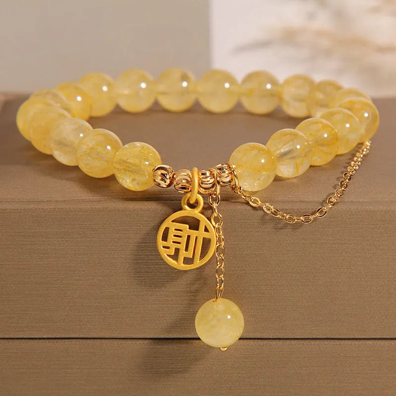 Natural citrine bracelet with Chinese character tassel in electroplated mixed materials