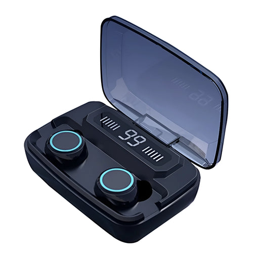 Black M11 Bluetooth wireless headset with digital display and charging case with mobile phone holder