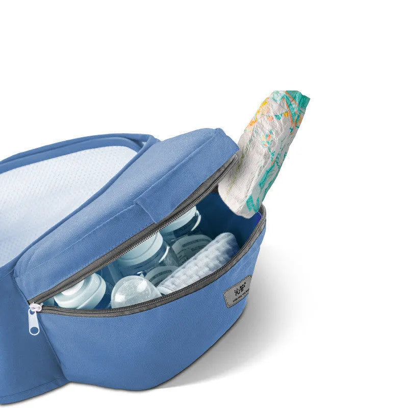 Baby carrier waist stool in cotton and polyester with padded waist belt, 35° hipseat and front zipper bag