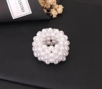 Fashion handmade beaded hair rope with imitation pearl beads in four colours black pink silver white