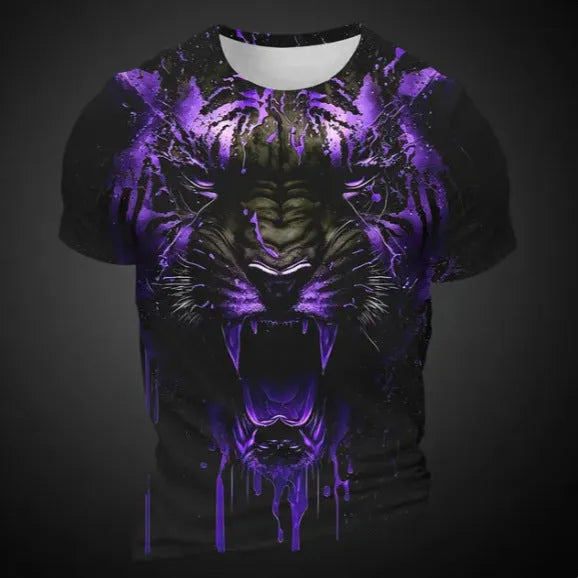 Men's 3D tiger pattern T-shirt in polyester with digital printing and short sleeves