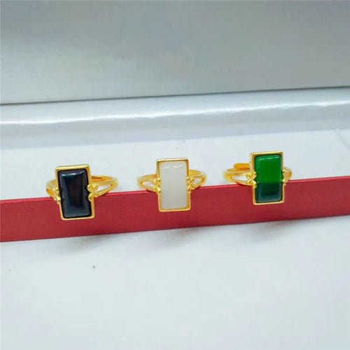 Adjustable brass gold-plated ring with artificial gemstone inlay in national style design