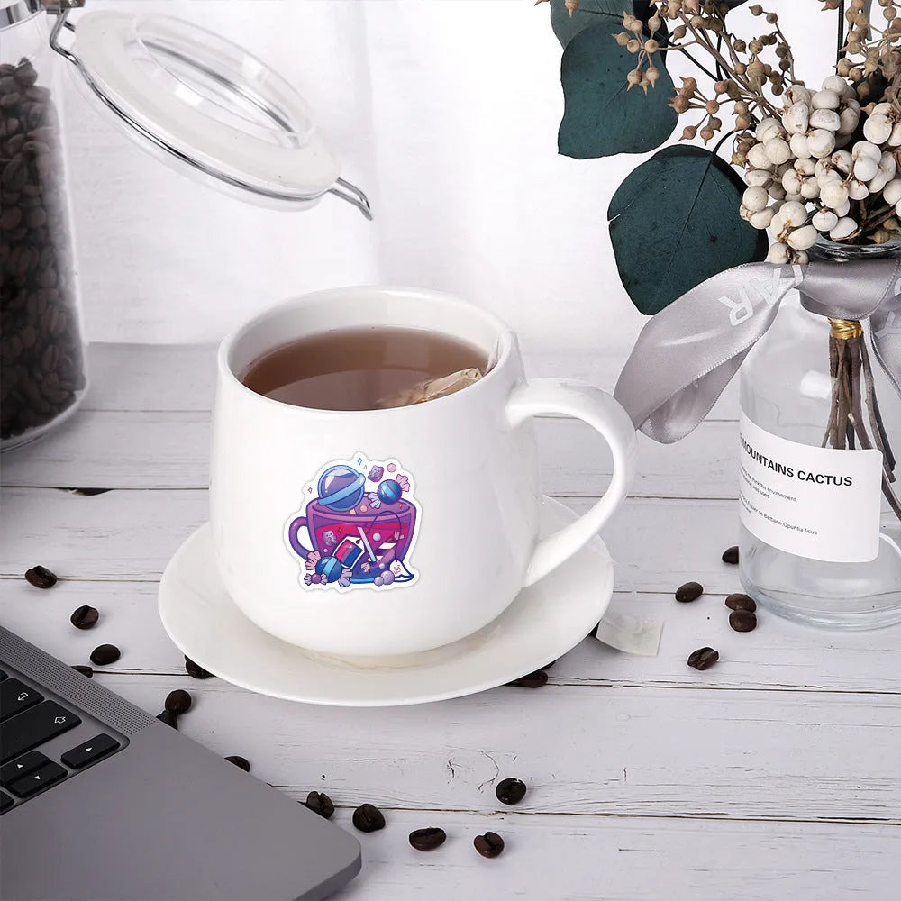 Pack of 50 colourful tea cup graffiti waterproof stickers for DIY luggage and scooter customisation.
