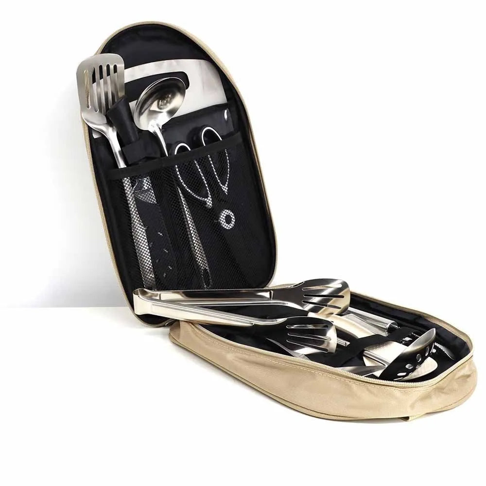 12-piece stainless steel picnic kitchenware set with knives, forks, spoons in portable storage bag