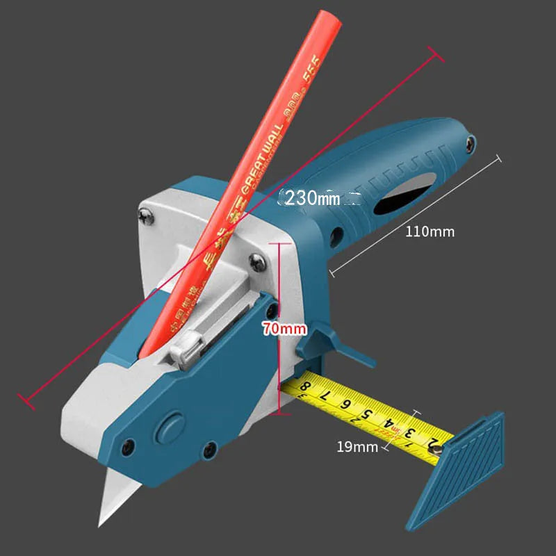 Blue aluminium alloy and TPR plastic one-hand woodworking cutter with a press-lock and measuring scale.
