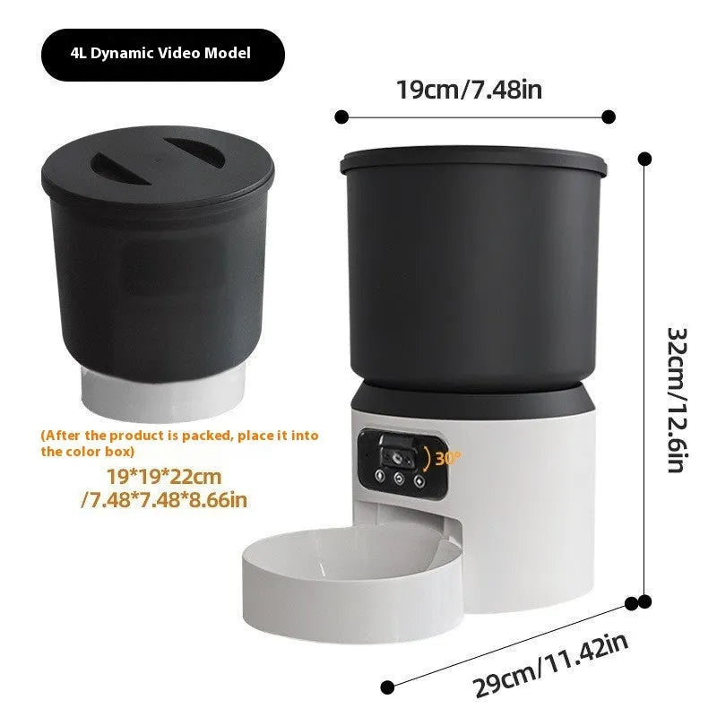 White 4-litre smart pet feeder with app icon on display and stainless steel bowl.