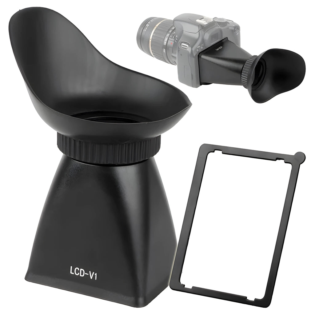 Black camera LCD magnifier loupe attached to a DSLR showing a magnified display screen for video shooting.